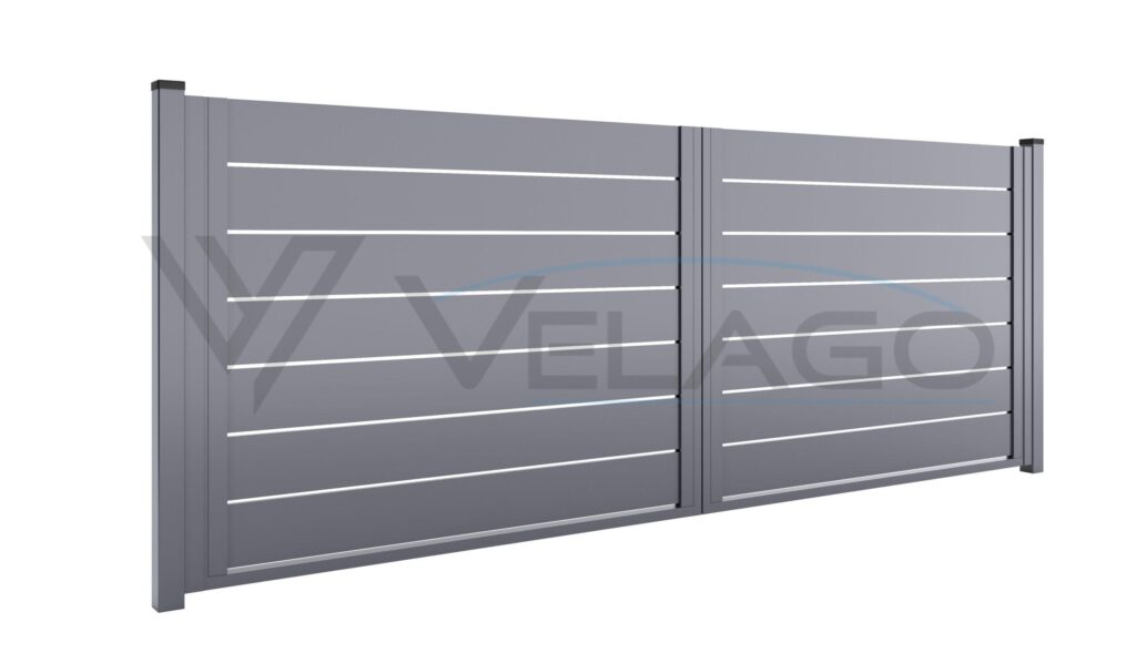 Ogrodzenie aluminiowe DOLCE – poziome profile 200×20 mm, szczelina 30 mm, kolor ciemnoszary RAL 7021