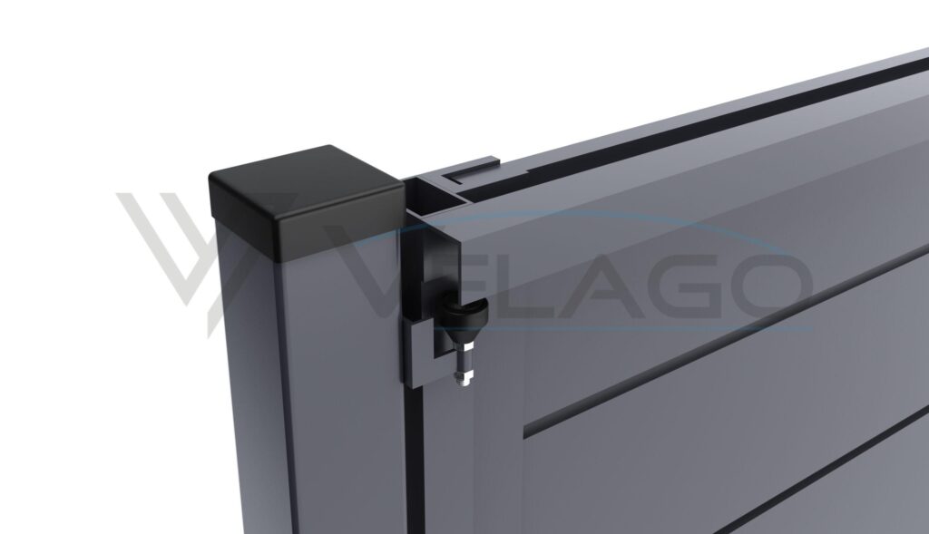 System DOLCE – detal złącza profilu poziomego 200×20 mm z ramą bramy 60×40 mm