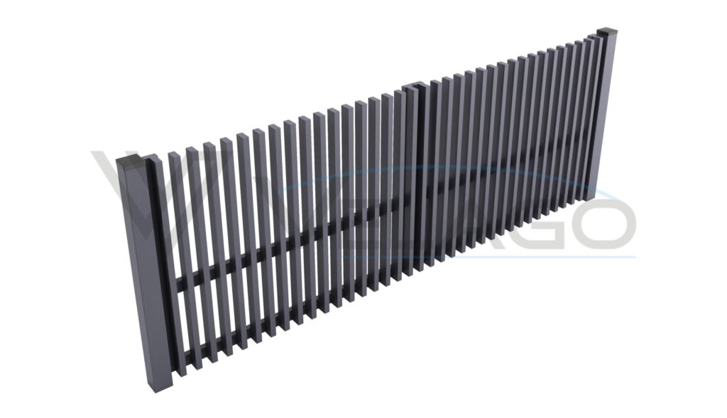 Aluminiowe ogrodzenie pionowe LEGGERO – realizacja przy podjeździe granitowym, kolor RAL 7016
