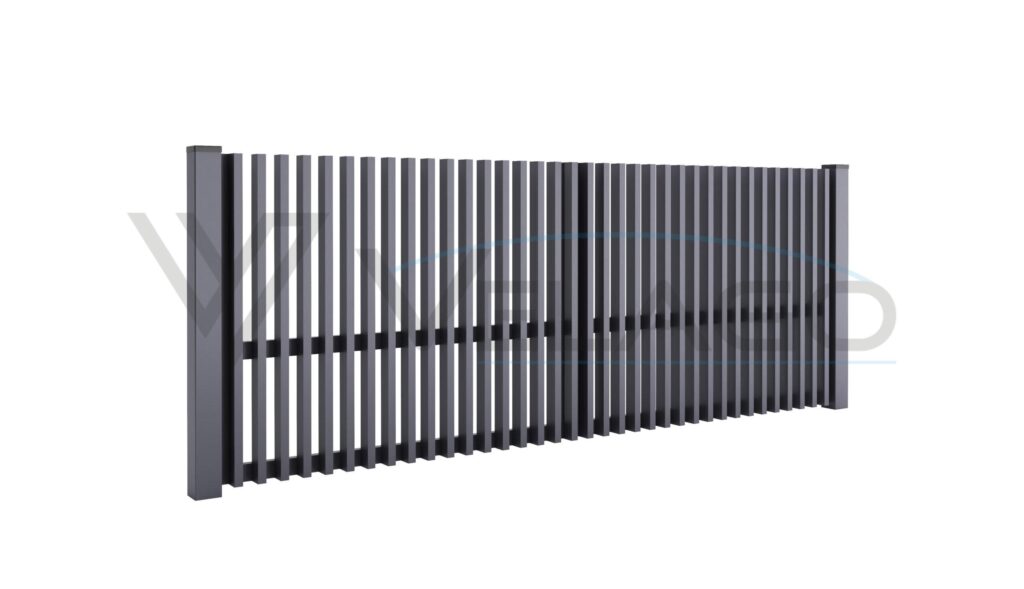 System LEGGERO – widok frontowy z furtką i słupkami 100×100 mm, kolor antracyt RAL 7021