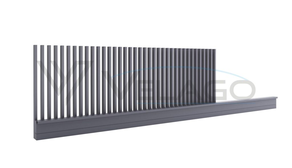 System LEGGERO – brama przesuwna z pionowymi lamelami 80×40 mm, kolor RAL 8019