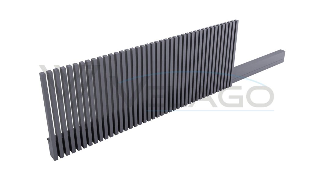Aluminiowe ogrodzenie pionowe PESANTE – zbliżenie na profil 80×60 mm i szczelinę 40 mm