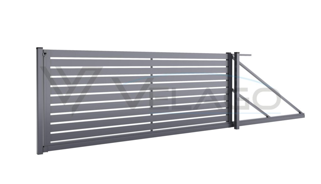 Aluminiowe ogrodzenie SEMPRE – realizacja przy nowoczesnym domu, kolor ciemnoszary RAL 7021