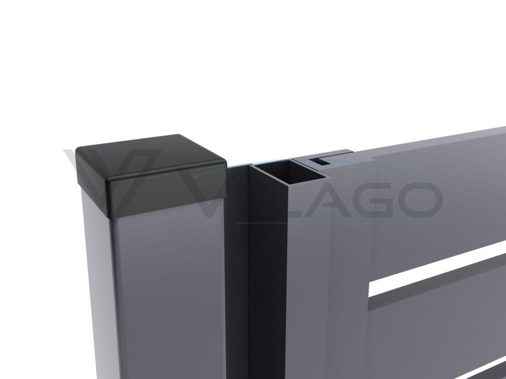 Ogrodzenie SEMPRE – widok od strony ogrodu, rytmiczne listwy 120 mm w kolorze RAL 7046